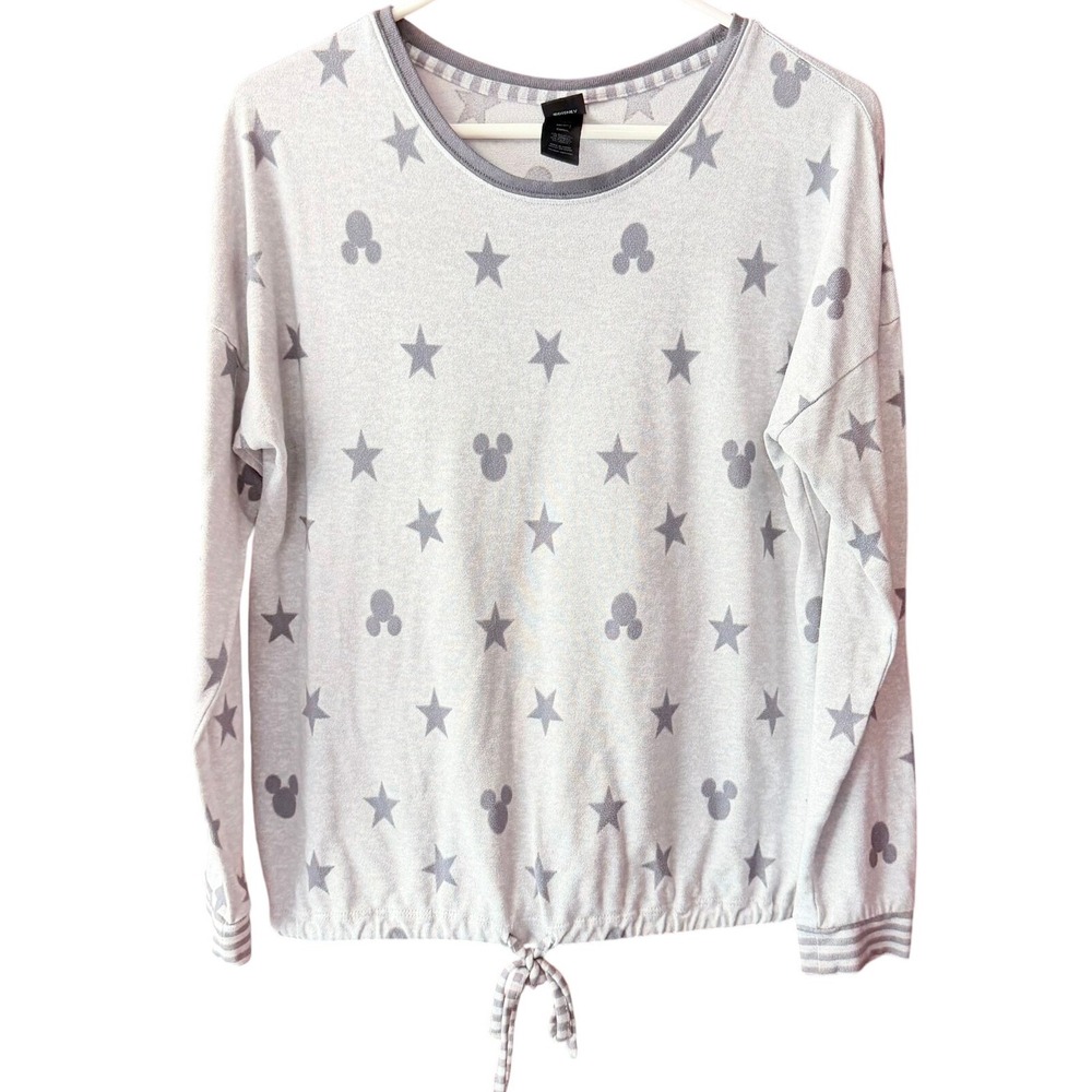 Disney Mickey Mouse Star Print Tie Front Long Sleeve Top Gray Women Medium